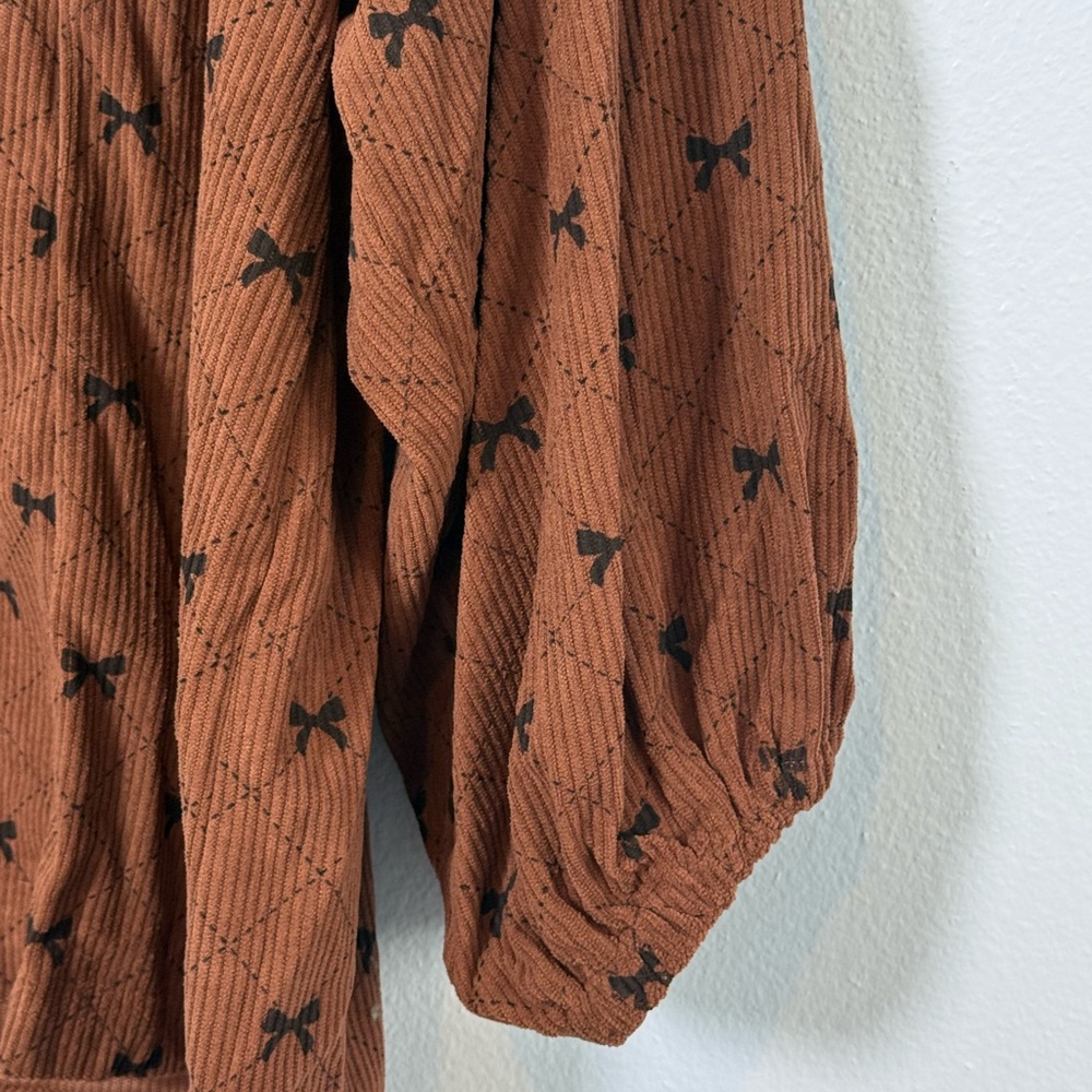 Umgee Soft Brown Bow-Print Peasant Blouse - Picture 3 of 6